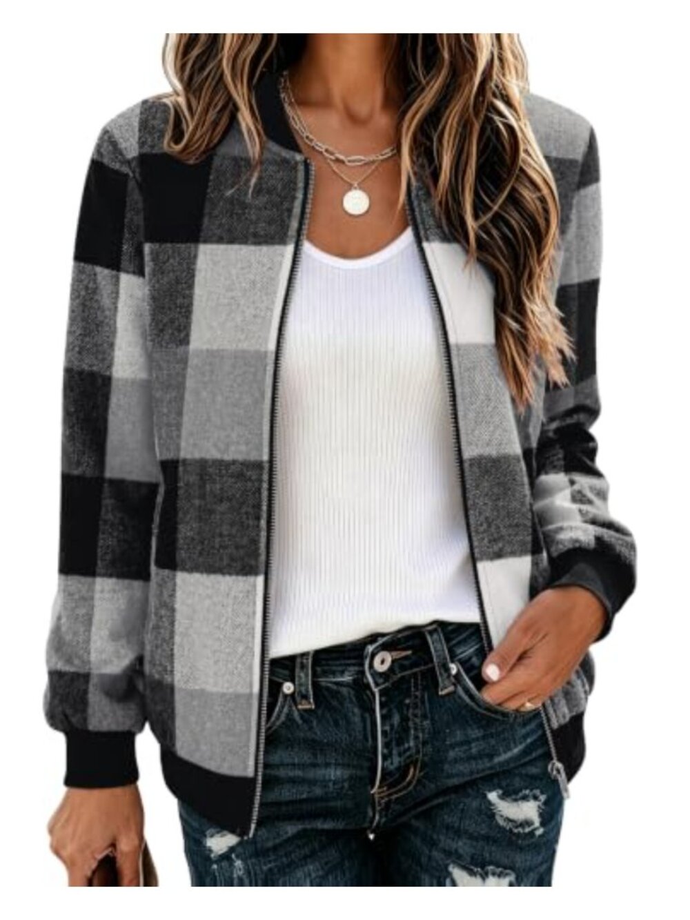 Plaid Flannel Bomber Jacket Lightweight Zip Up Casual Coat